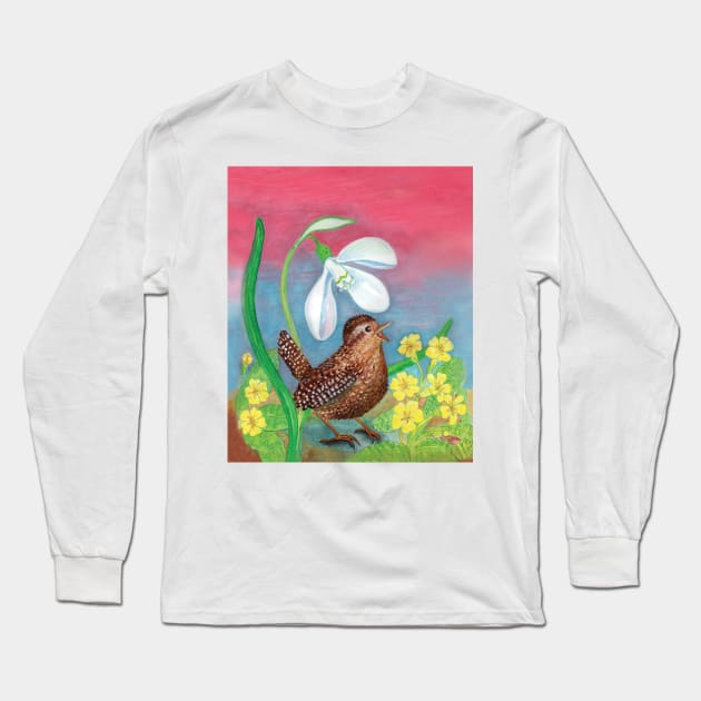 Wren Bird (Troglodytes troglodytes) and a Snowdrop Illustration Long Sleeve T-Shirt by Julia Doria Illustration